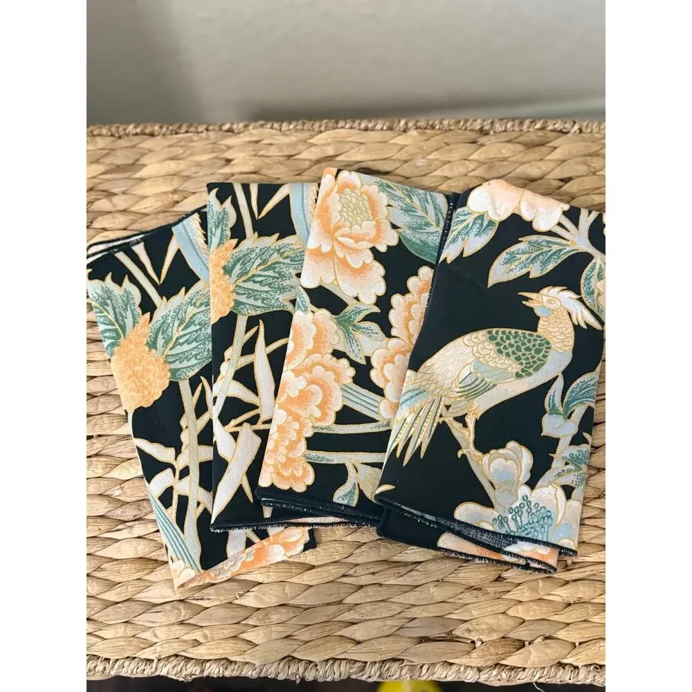 Set of 4 Chinoiserie Pheasant Floral Cloth Napkins Black Peach 17” Square
